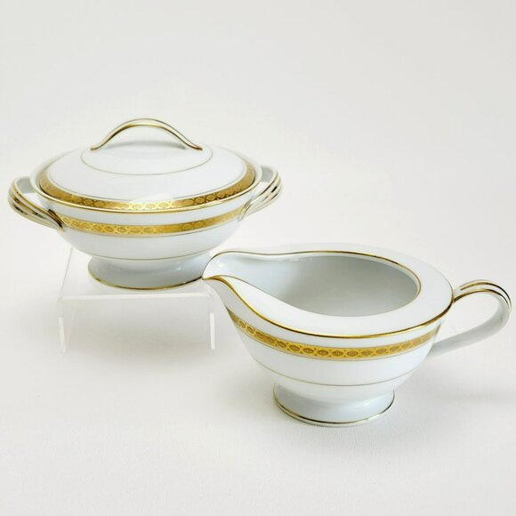 Noritake Richmond Creamer & Sugar Bowl White Base Gold Etched Band Elegant Tea - Picture 2 of 15